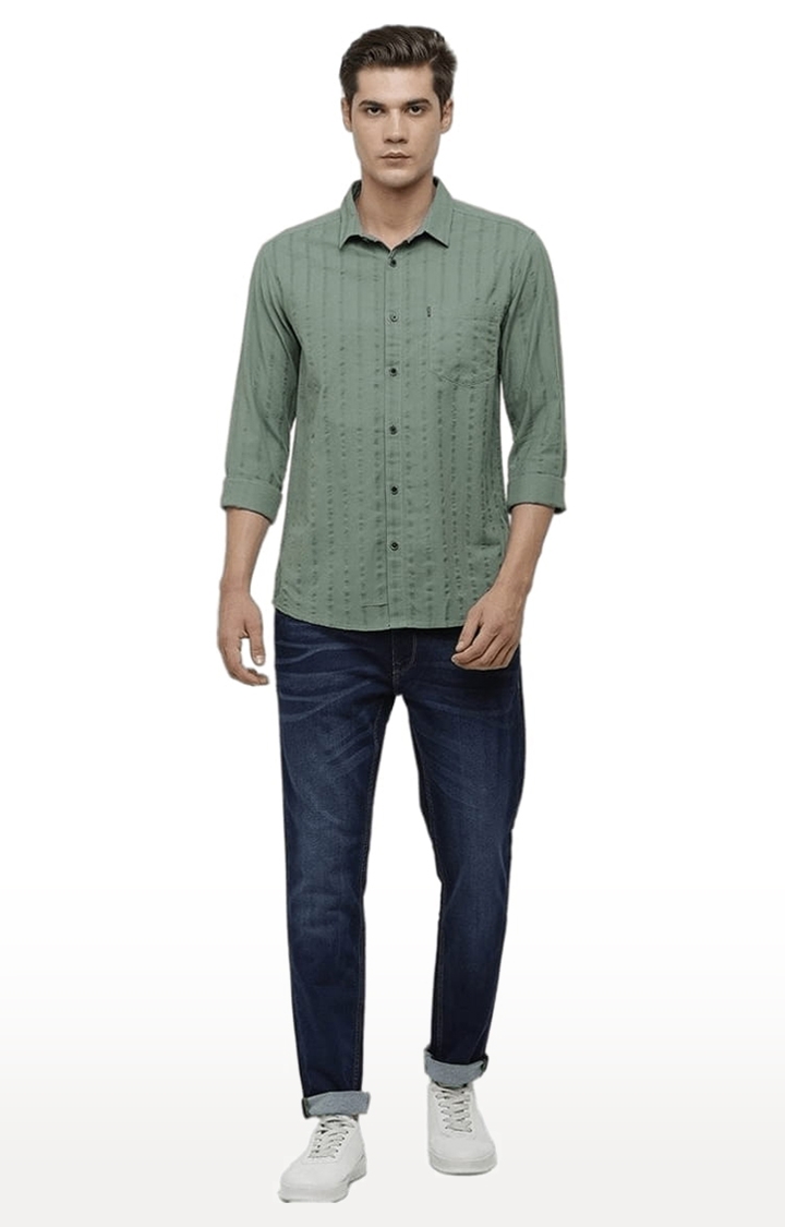 Voi Jeans | Men's Green Cotton Striped Casual Shirt 1