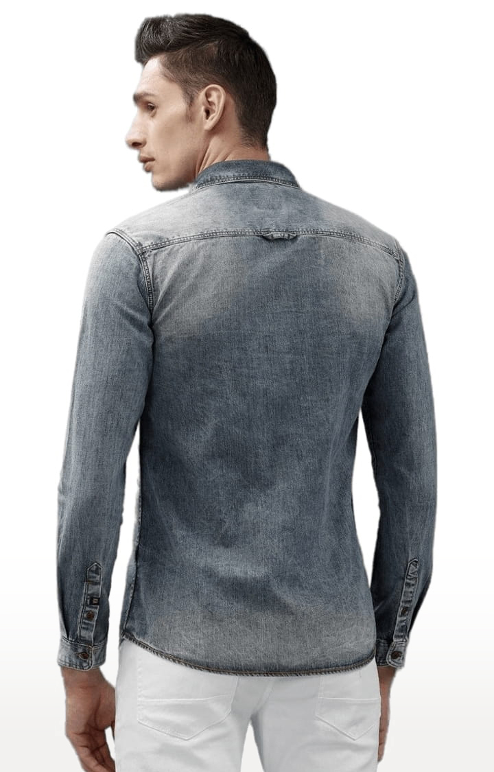Men's Dark Blue Cotton Solid Casual Shirt