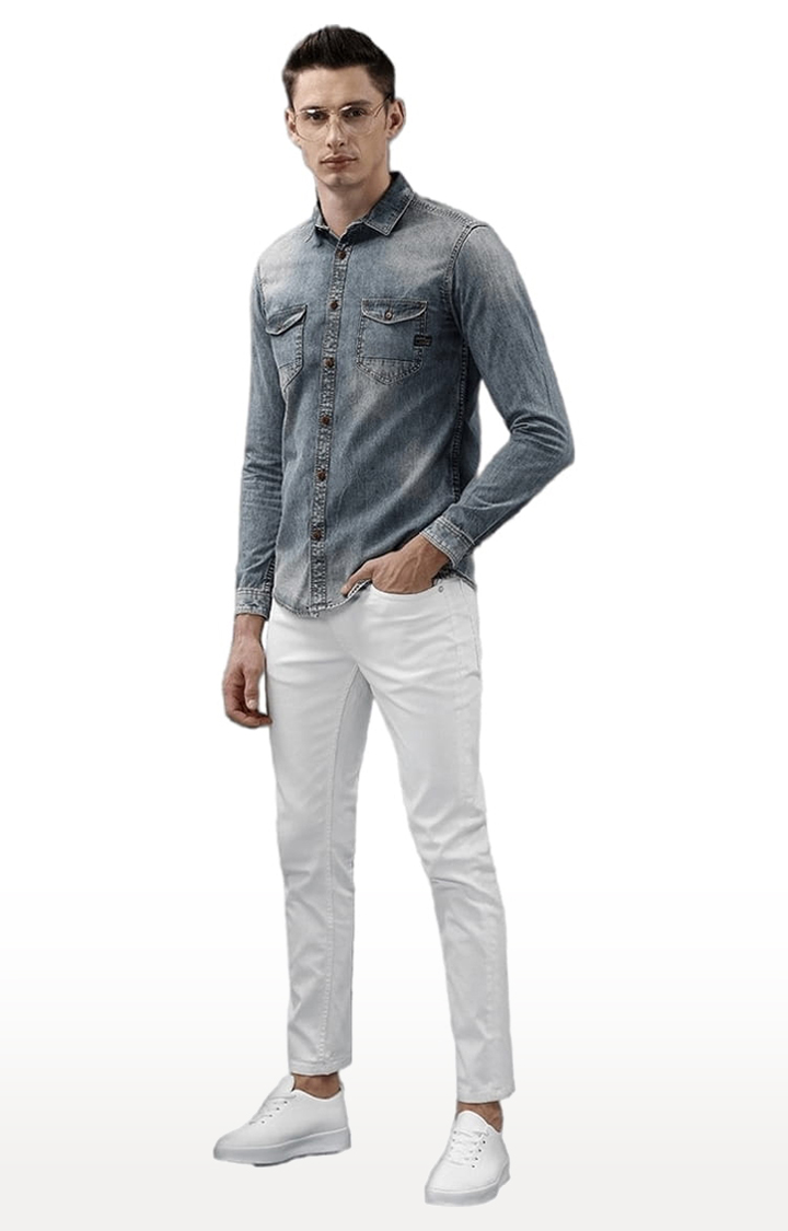 Men's Dark Blue Cotton Solid Casual Shirt