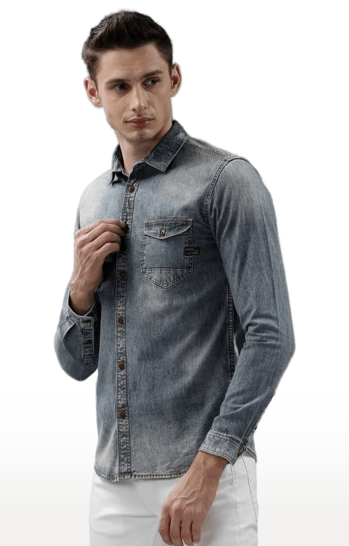 Men's Dark Blue Cotton Solid Casual Shirt