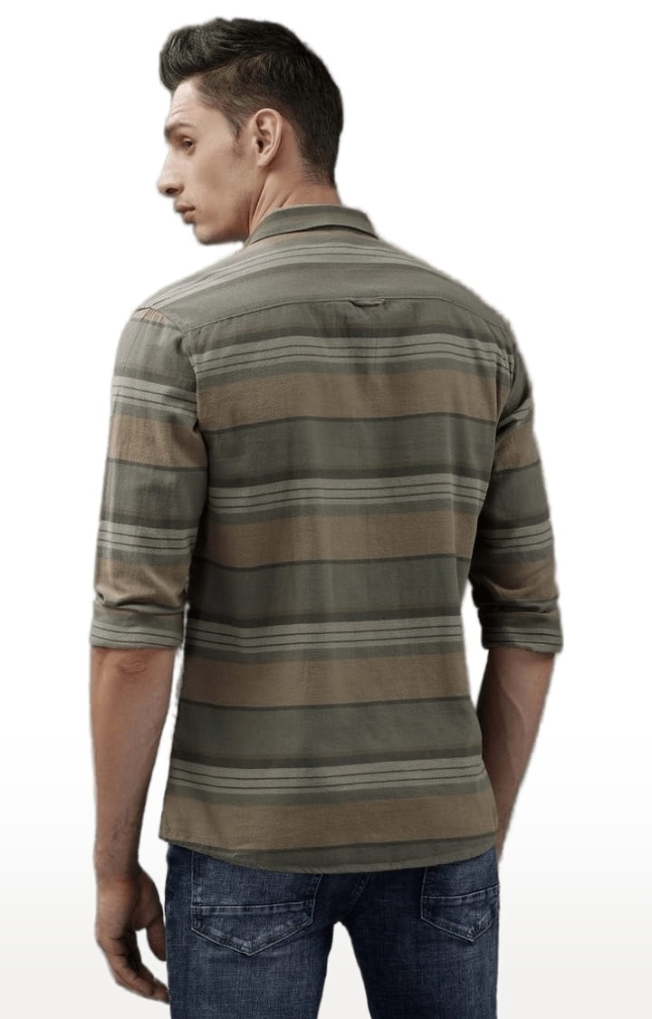 Voi Jeans | Men's Green & Beige Cotton Striped Casual Shirt 3
