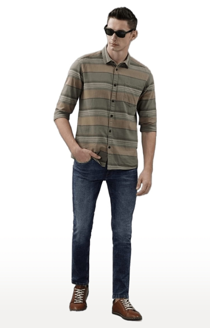 Voi Jeans | Men's Green & Beige Cotton Striped Casual Shirt 1