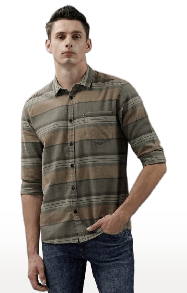 Voi Jeans | Men's Green & Beige Cotton Striped Casual Shirt 0