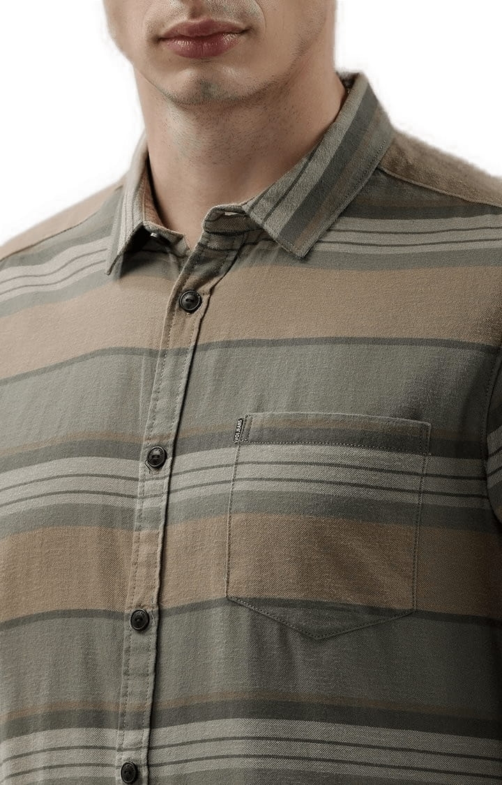Voi Jeans | Men's Green & Beige Cotton Striped Casual Shirt 4