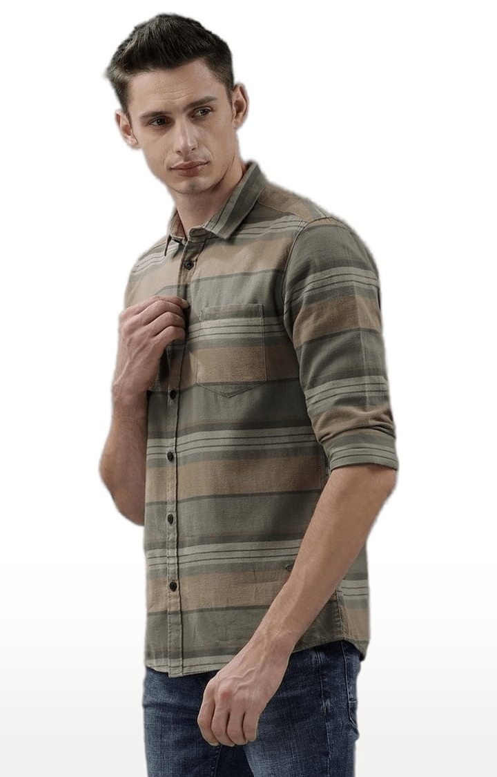Voi Jeans | Men's Green & Beige Cotton Striped Casual Shirt 2