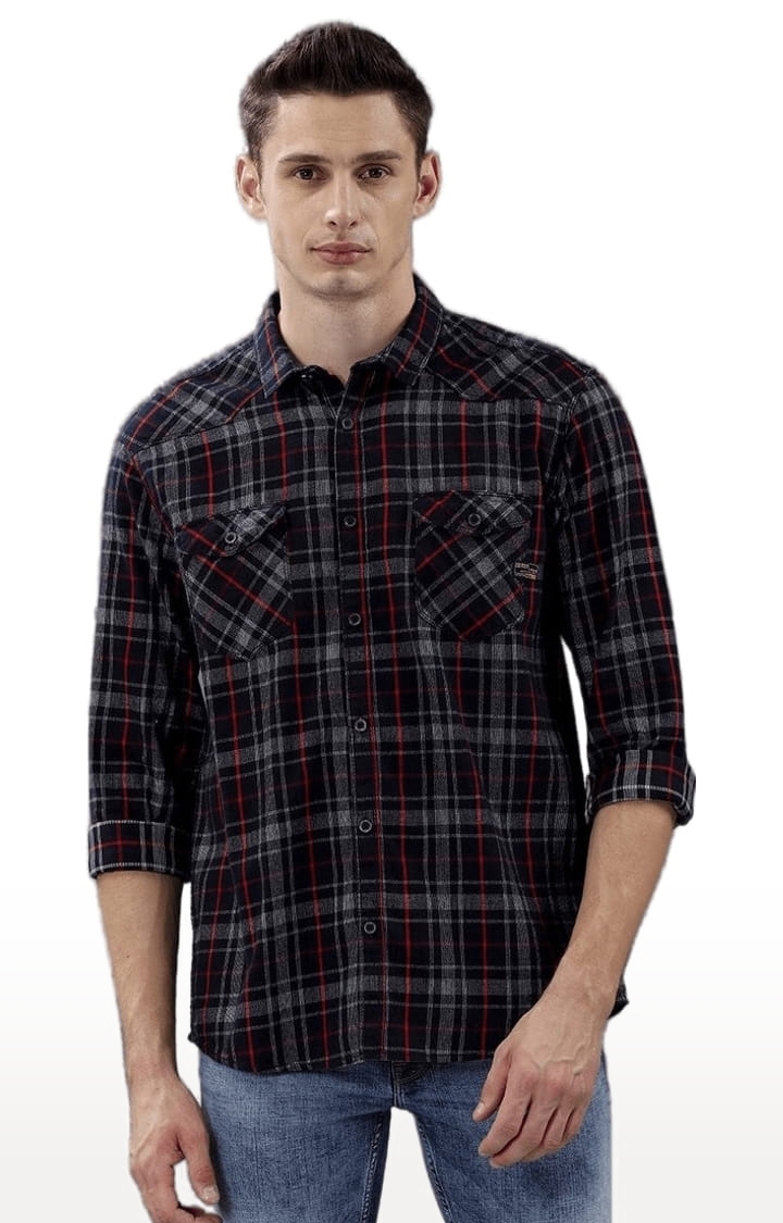 Voi Jeans | Men's Navy & Grey Cotton Checkered Casual Shirt 0