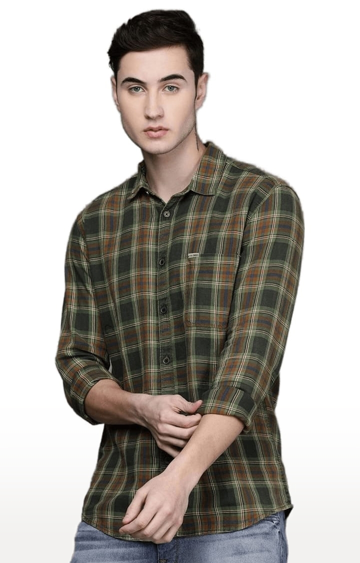 Voi Jeans | Men's Olive Cotton Checkered Casual Shirt 0