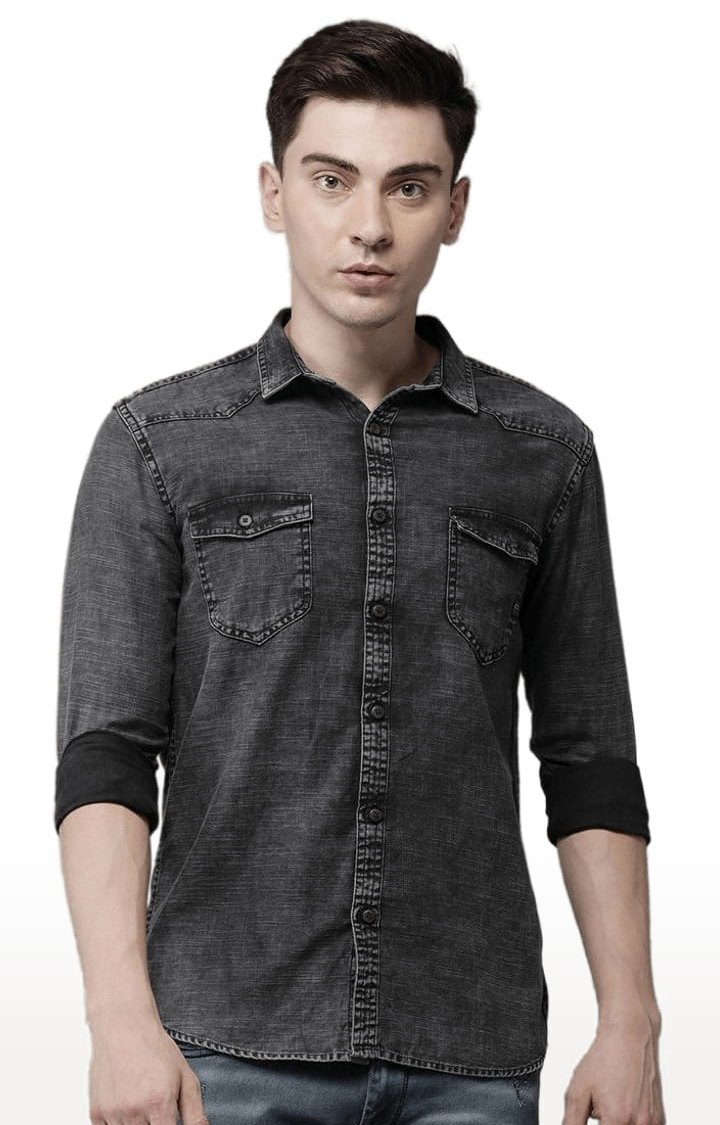 Men's Black Cotton Solid Casual Shirt