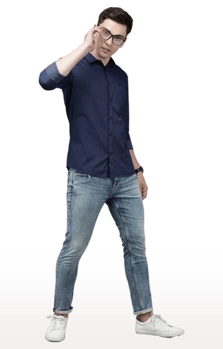 Men's Navy Cotton Textured Casual Shirt