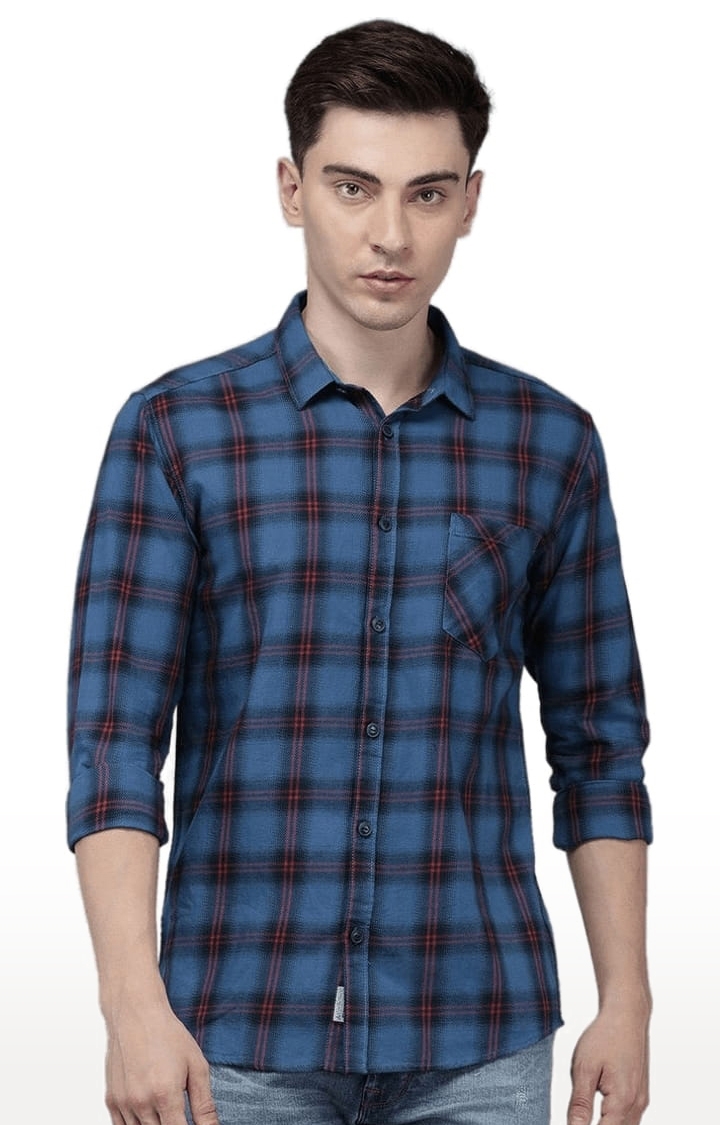 Voi Jeans | Men's Blue Cotton Checkered Casual Shirt 0