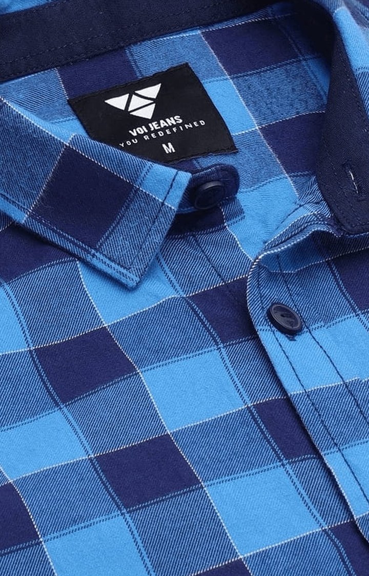 Men's Blue Cotton Checkered Casual Shirt