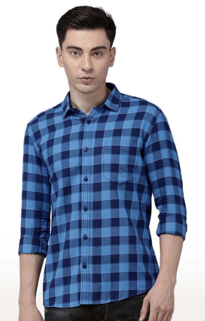 Men's Blue Cotton Checkered Casual Shirt