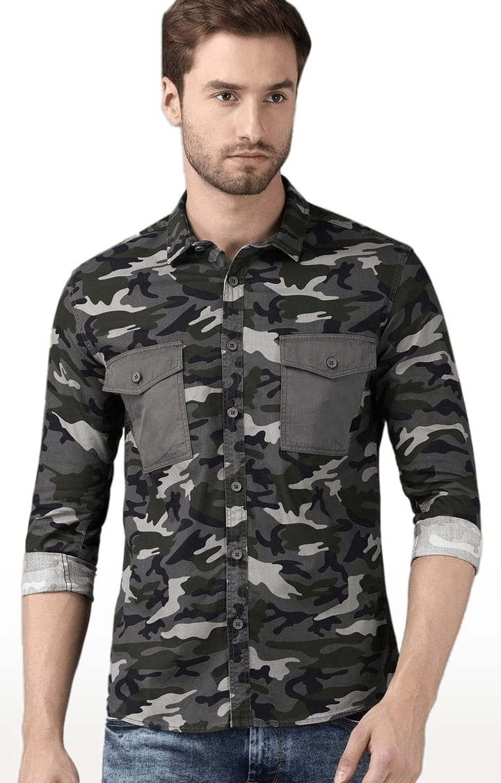 Voi Jeans | Men's Olive Cotton Camouflage Casual Shirt 0