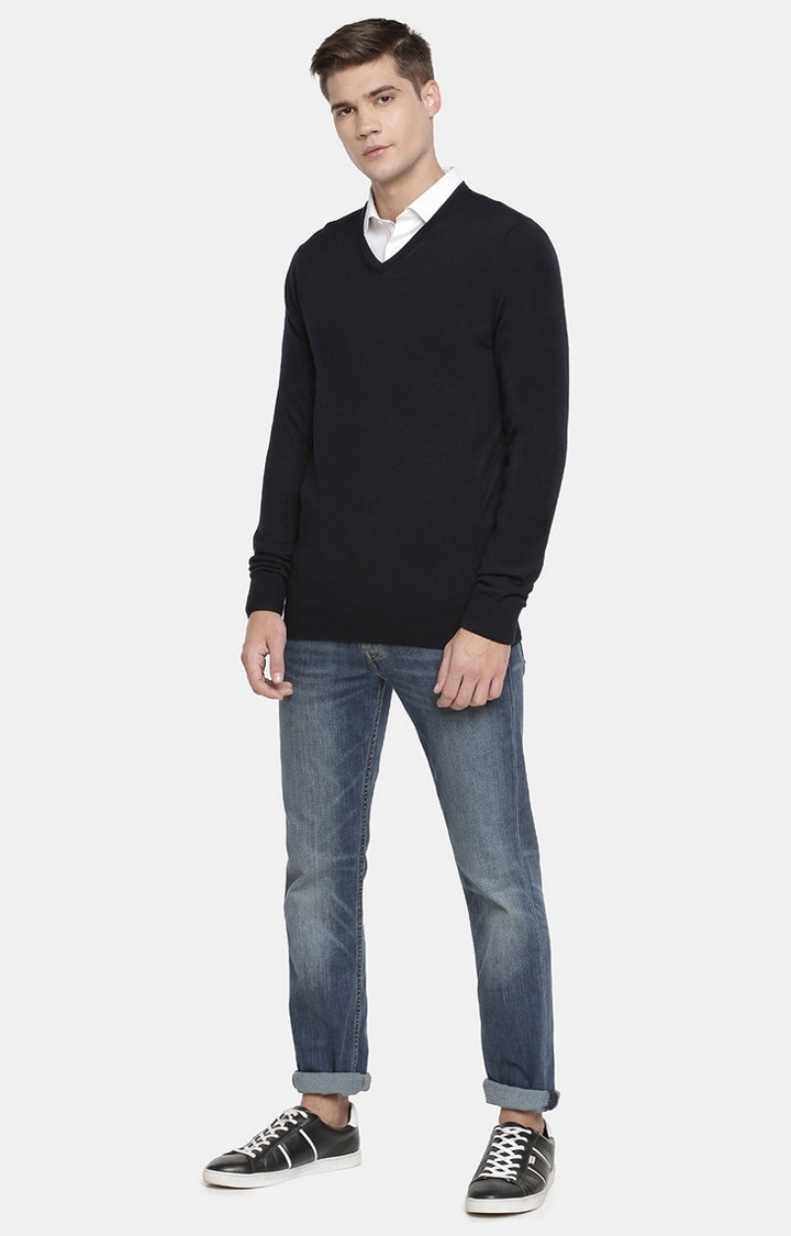 Men's Blue Solid Sweaters