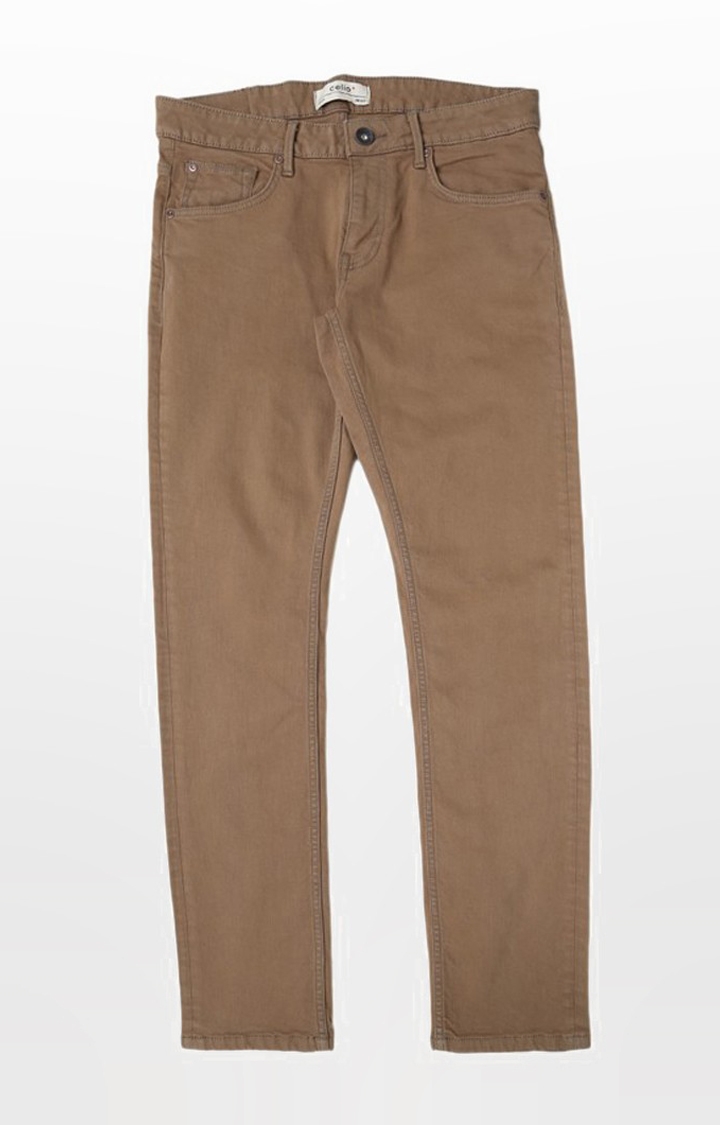 celio | Men's Brown Cotton Solid Slim Jeans 5