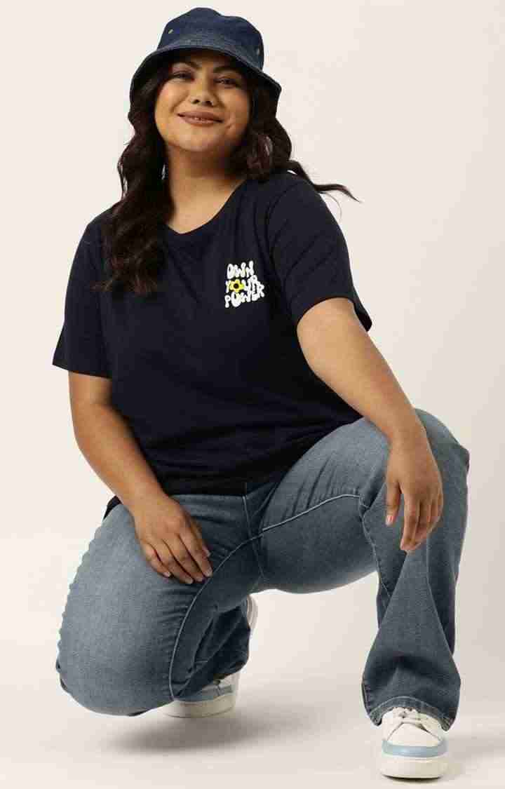 Women's Navy Typographic Printed Cotton T-Shirts