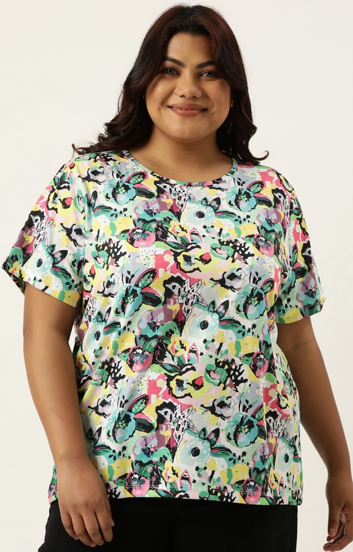Plus Size Yellow All Over Printed Round Neck Bio Wash tshirt For women