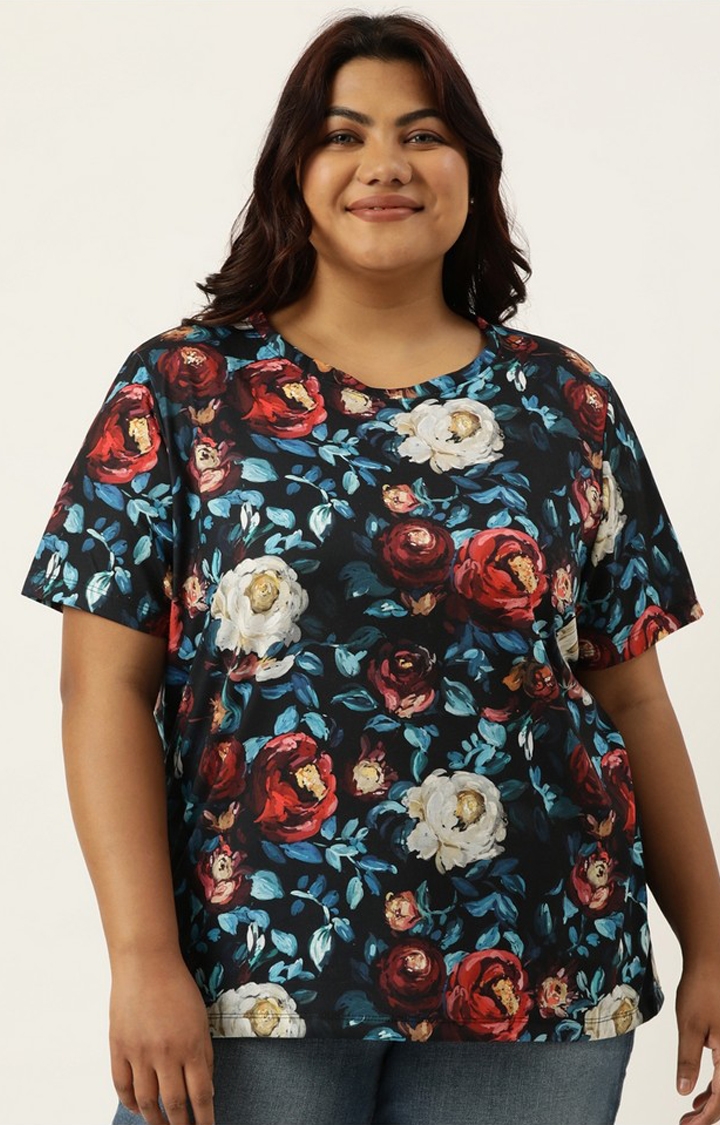 Marca Bold | Plus Size Black All Over Printed Round Neck Bio Wash tshirt For women