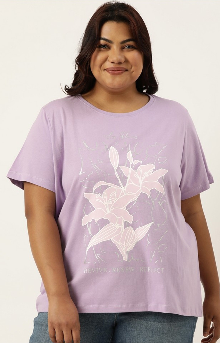 Marca Bold | Plus Size Purple Graphic Printed Round Neck Bio Wash tshirt For women