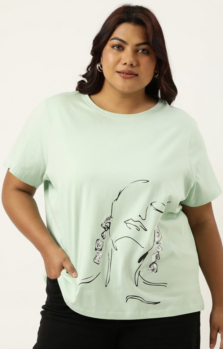 Marca Bold | Plus Size Mint Graphic Printed Round Neck Bio Wash tshirt For women