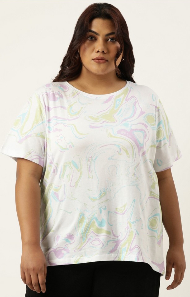 Marca Bold | Plus Size White All Over Printed Round Neck Bio Wash tshirt For women