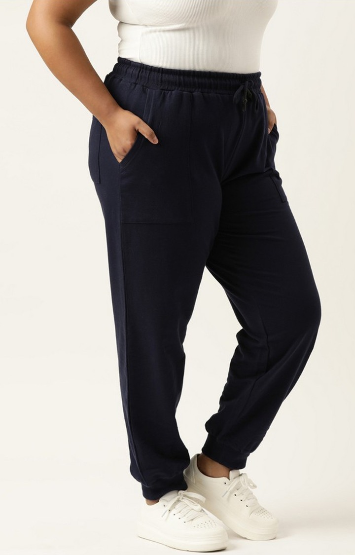 Women's Navy Solid Cotton Casual Joggers