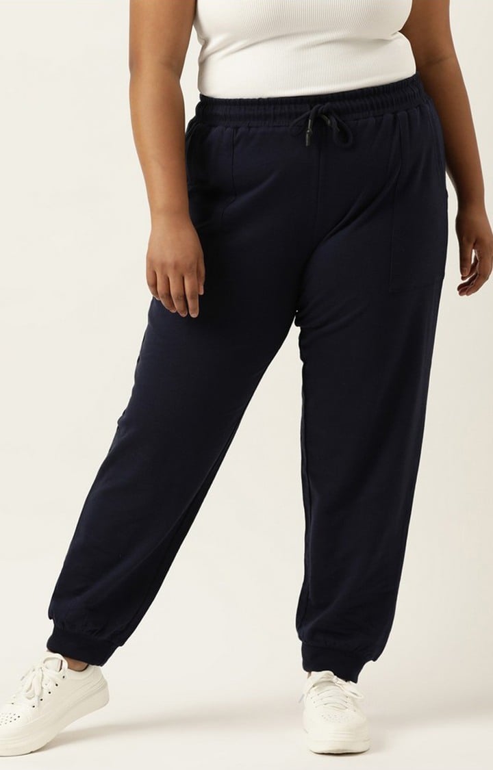 Women's Navy Solid Cotton Casual Joggers