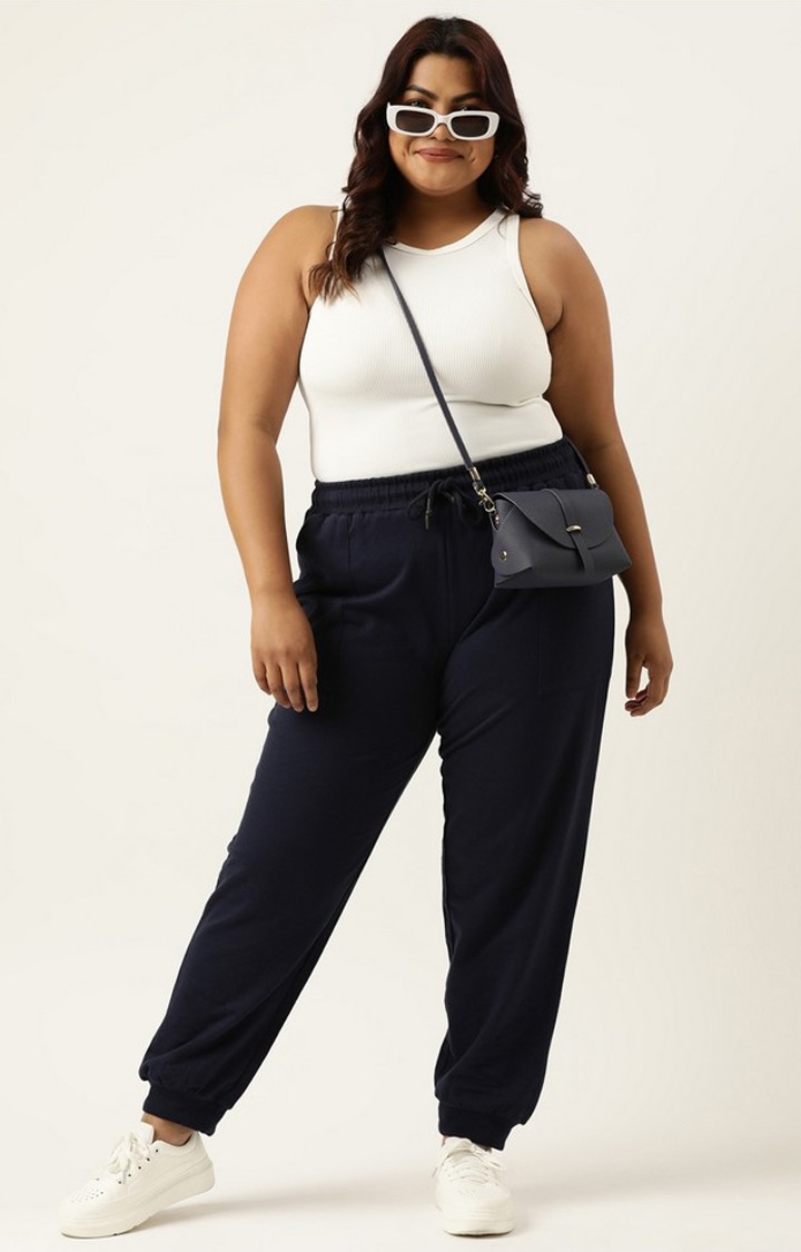 Women's Navy Solid Cotton Casual Joggers
