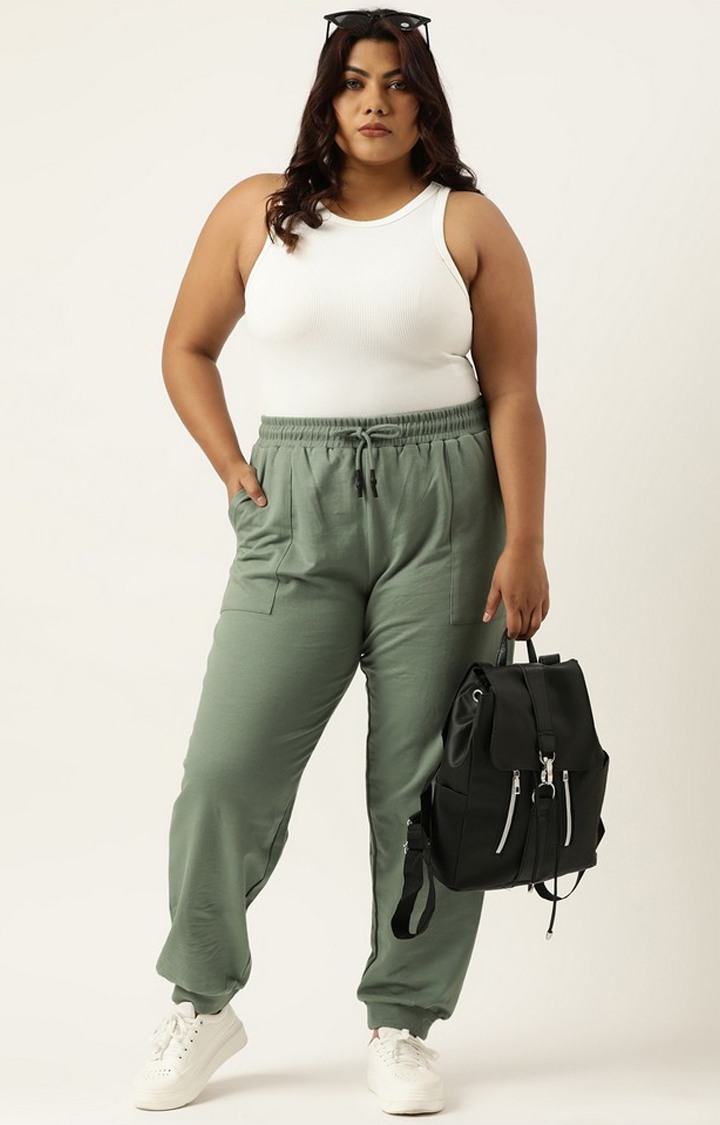 Women's Green Solid Cotton Casual Joggers