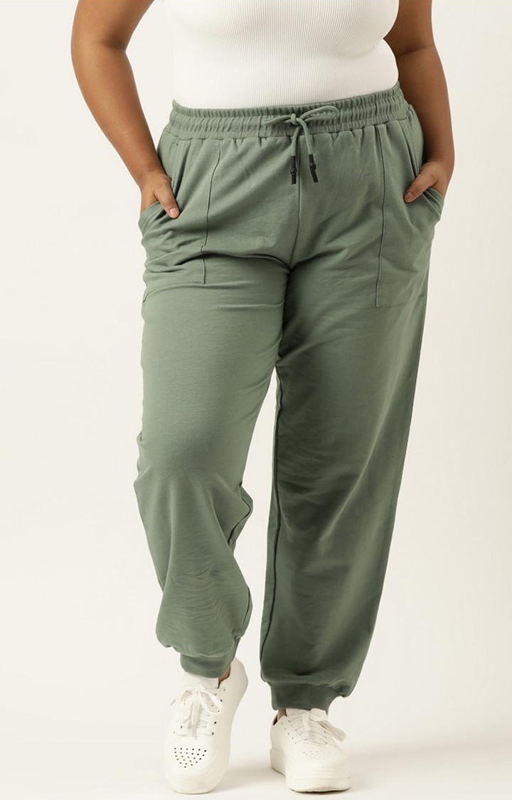 Women's Green Solid Cotton Casual Joggers