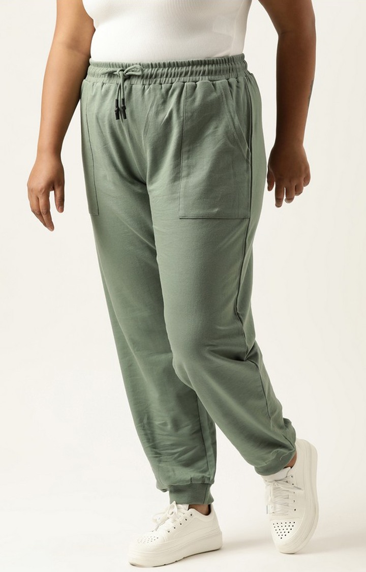 Women's Green Solid Cotton Casual Joggers