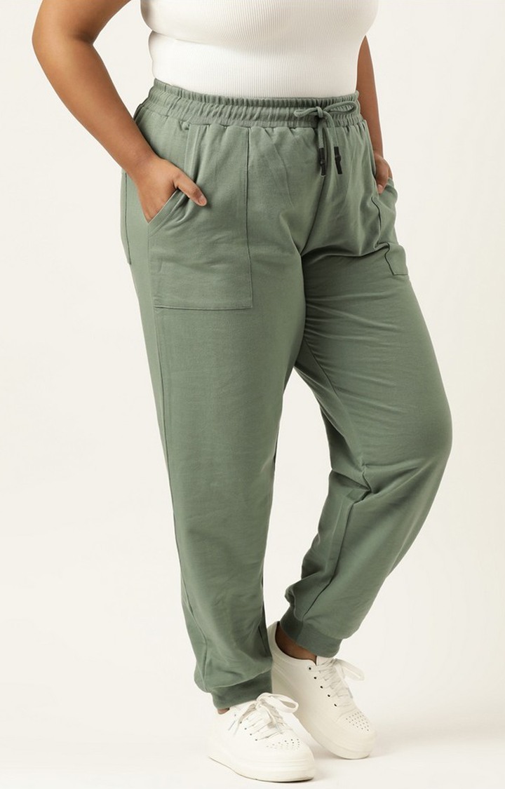 Women's Green Solid Cotton Casual Joggers