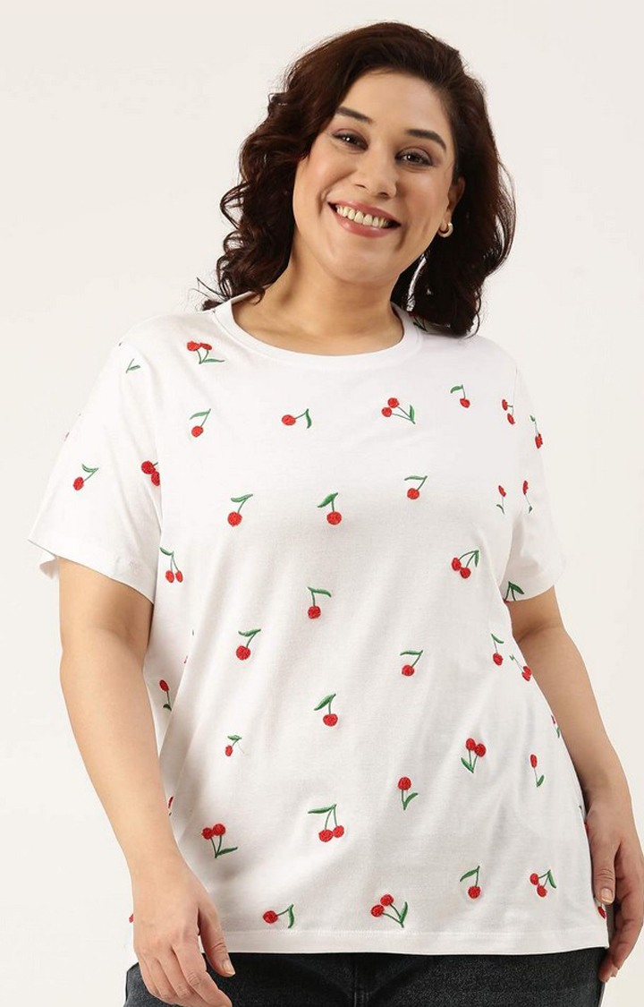 All Over Embroidered Tshirt for women Regular Length Round Neck Bio Wash Knitted Cotton Fabric