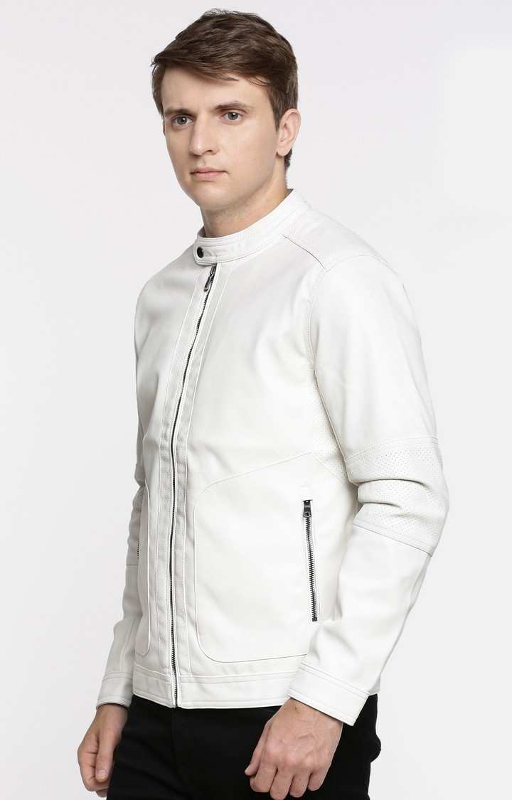 Men's White Solid Leather Jackets