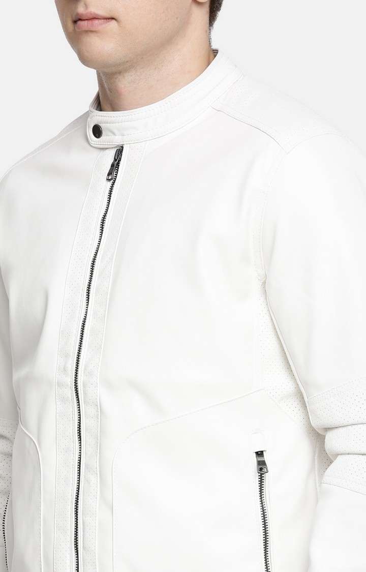 Men's White Solid Leather Jackets