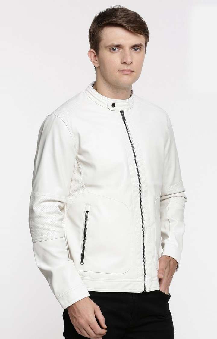 Men's White Solid Leather Jackets