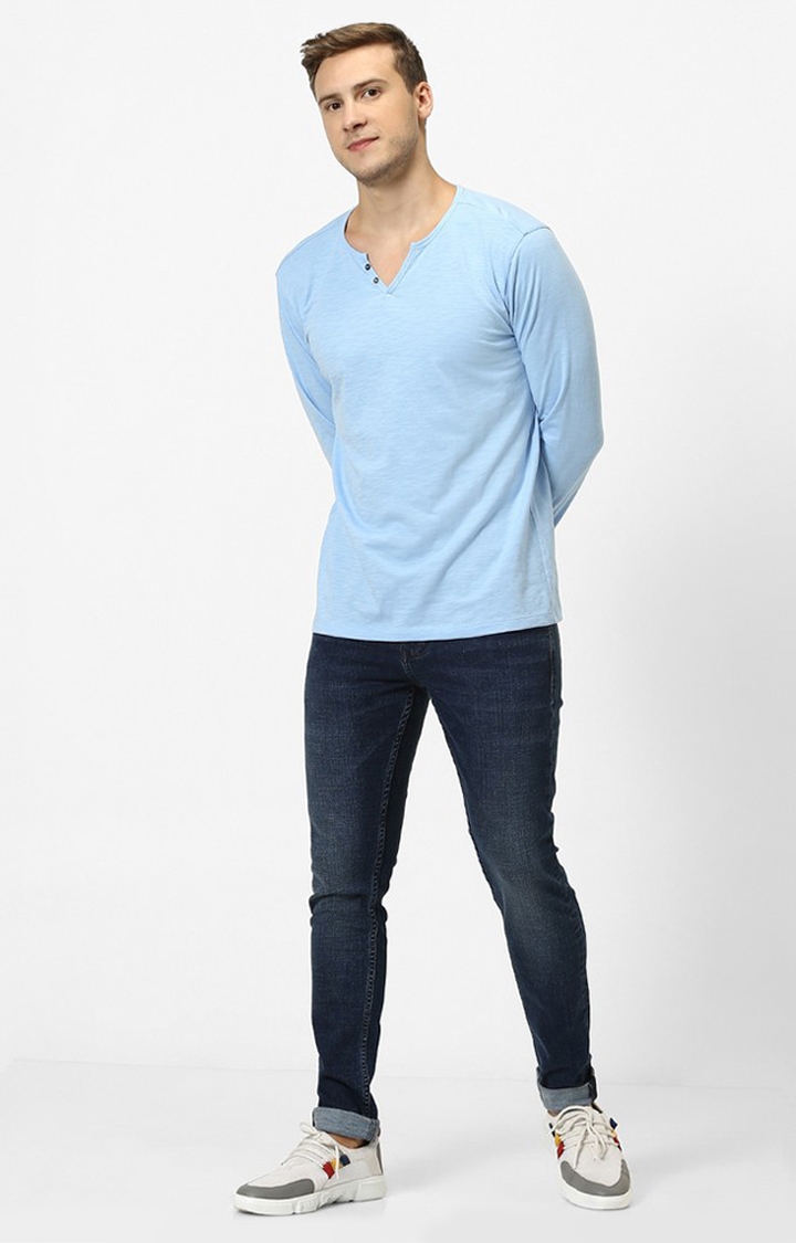 Men's Blue Slub Regular T-Shirts