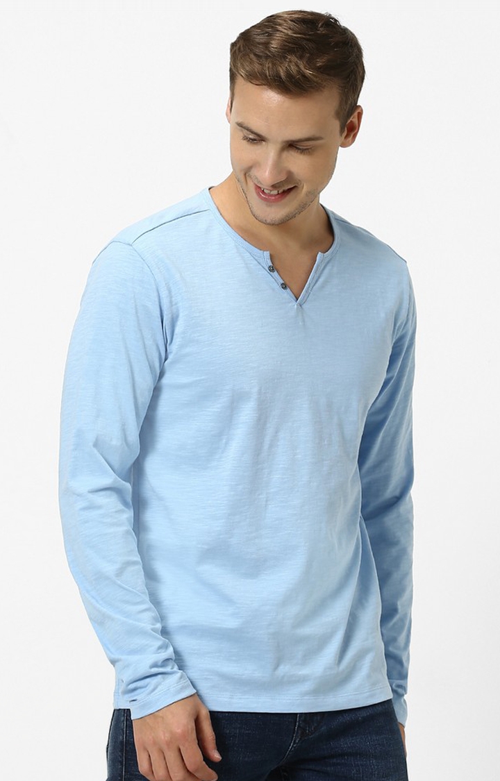 Men's Blue Slub Regular T-Shirts