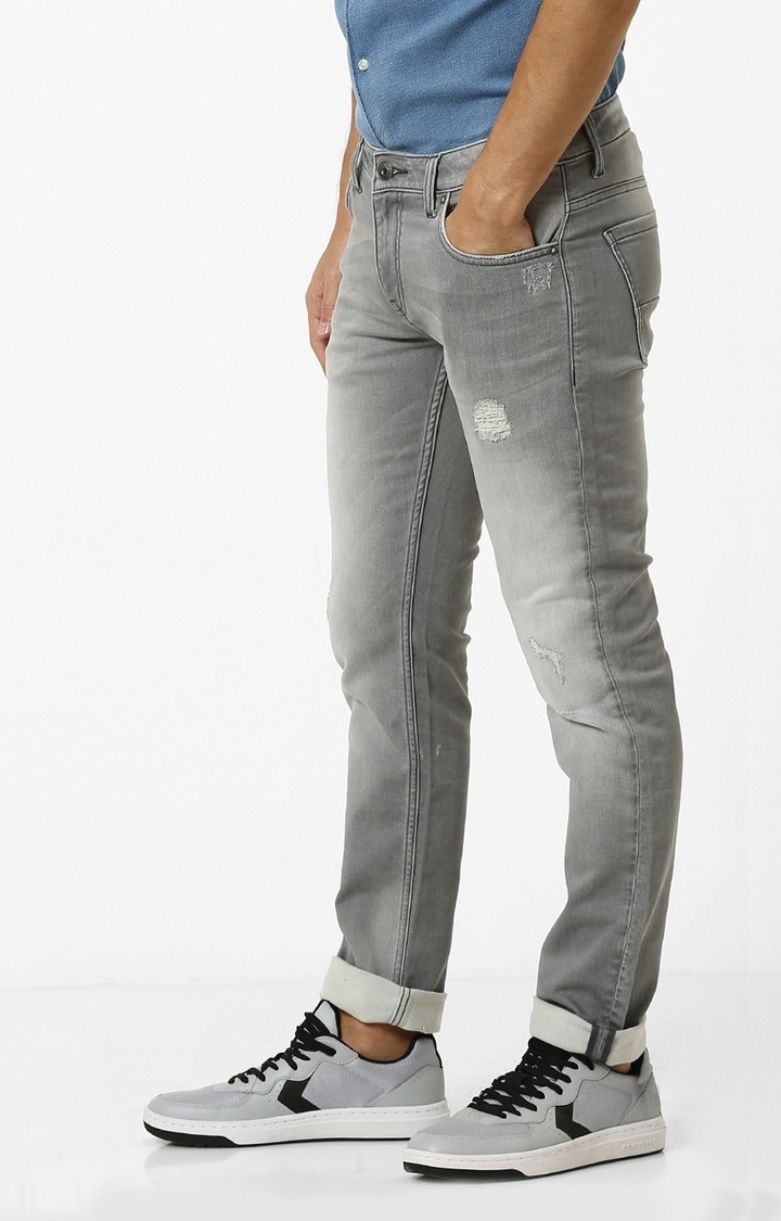 celio | Men's Grey Cotton Blend Solid Ripped Jeans 2