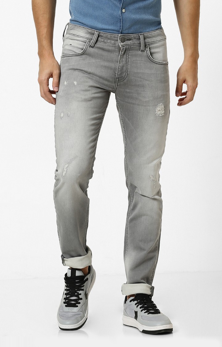 celio | Men's Grey Cotton Blend Solid Ripped Jeans 0