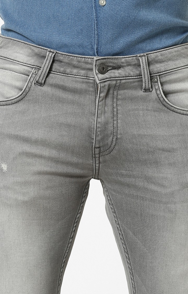 celio | Men's Grey Cotton Blend Solid Ripped Jeans 4