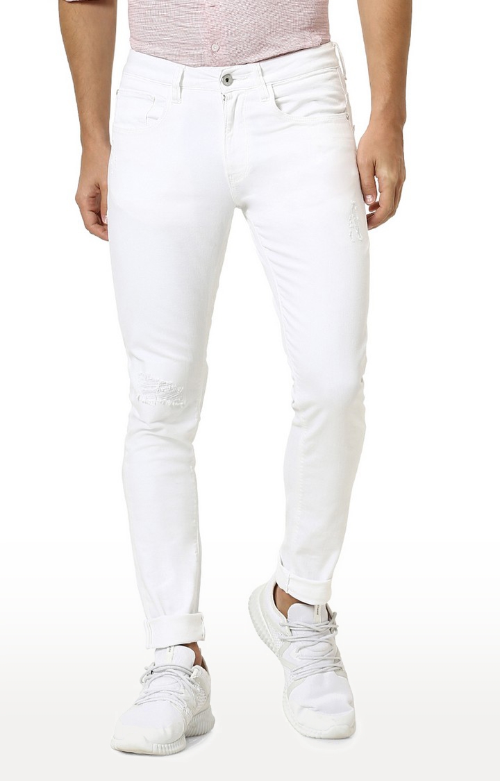 celio | Men's White Cotton Solid Ripped Jeans 0