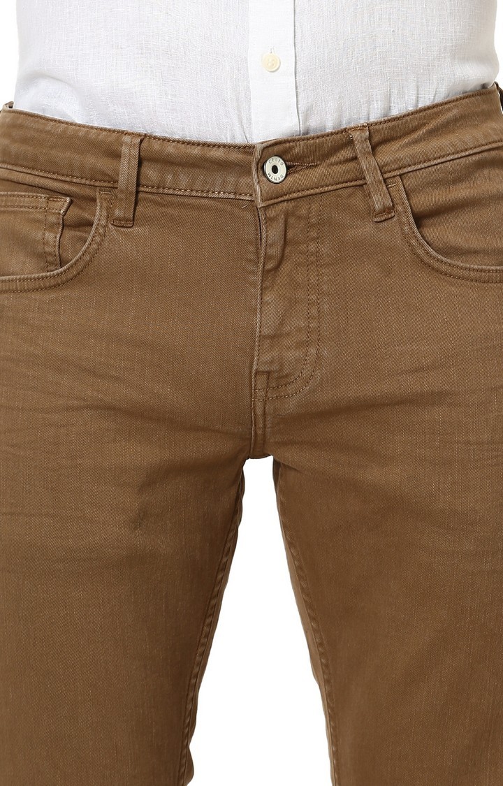 Men's Brown Cotton Solid Slim Jeans