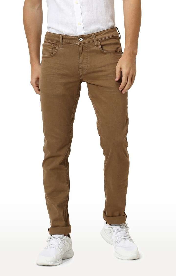 Men's Brown Cotton Solid Slim Jeans