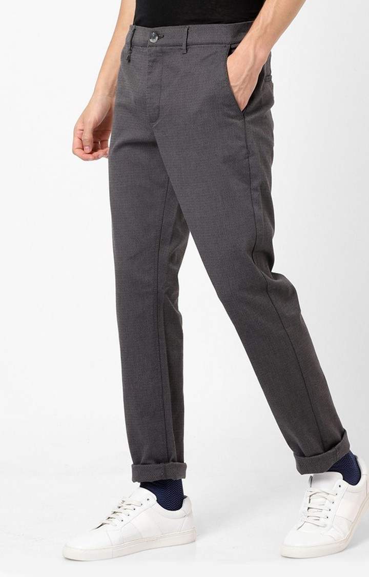 Men's Grey Cotton Blend Solid Tapered Formal Trousers