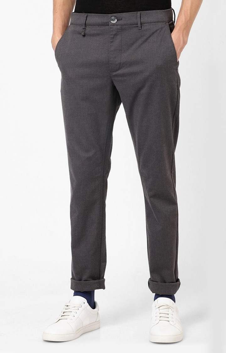 Men's Grey Cotton Blend Solid Tapered Formal Trousers