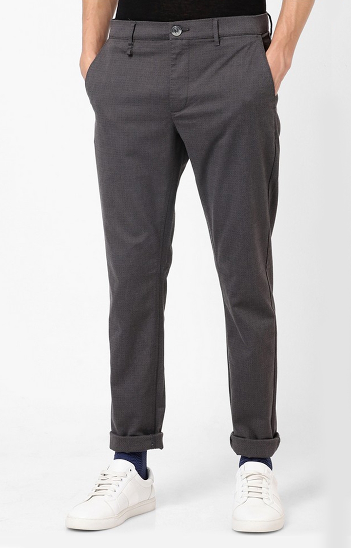 celio | Men's Grey Cotton Blend Solid Tapered Formal Trousers