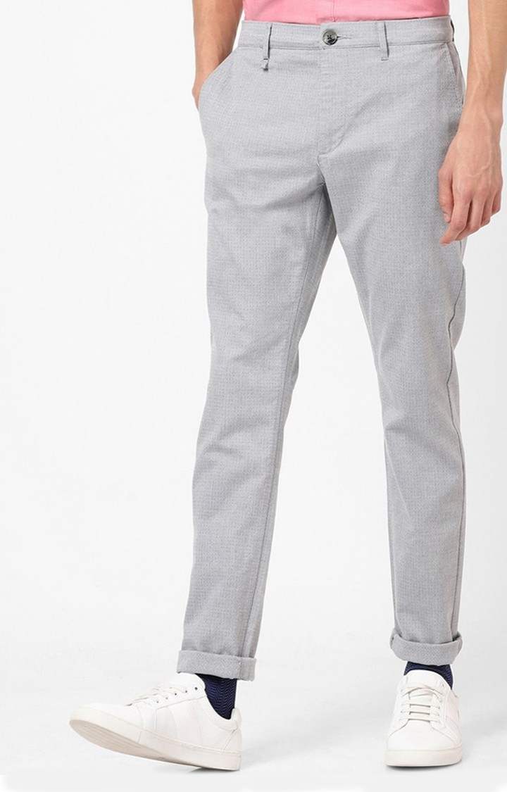Men's Grey Cotton Blend Solid Tapered Formal Trousers