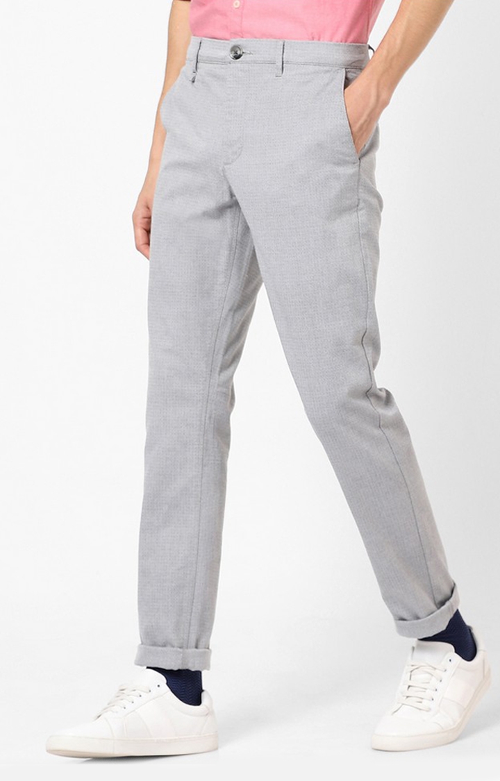 Men's Grey Cotton Blend Solid Tapered Formal Trousers