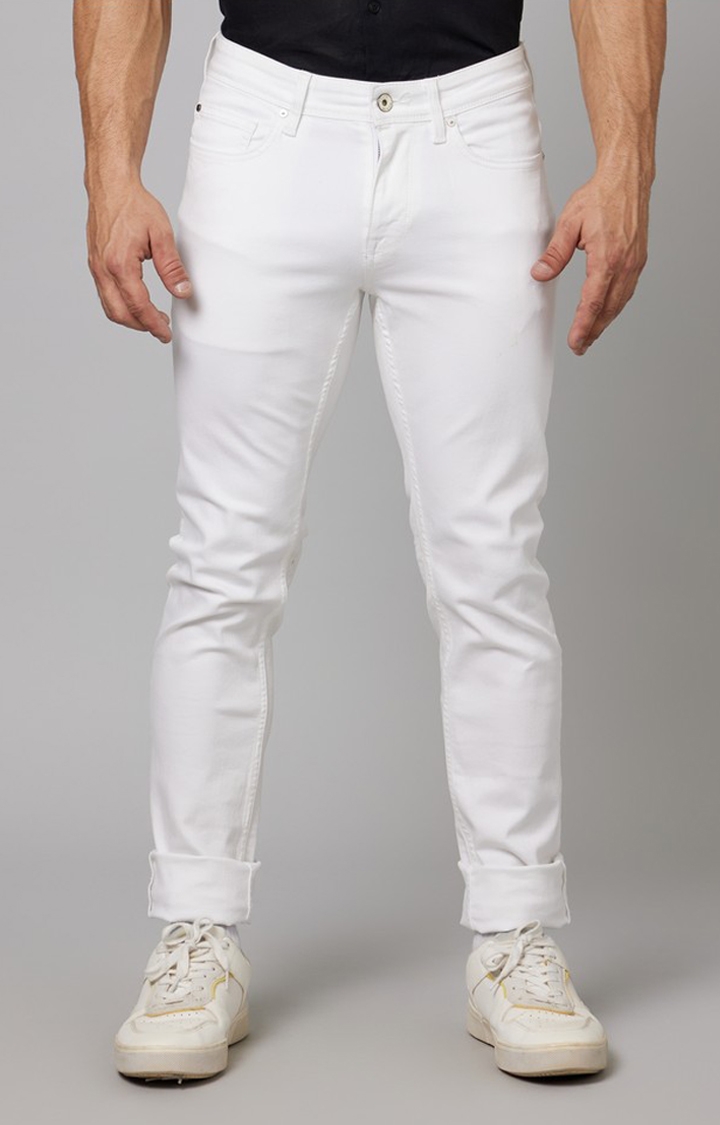 celio | Men's White Cotton Blend Solid Regular Jeans